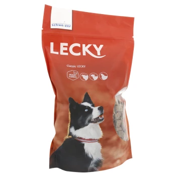 Sac rouge de nourriture pour chien LECKY avec un chien noir et blanc sur le devant, étiqueté "Classic LECKY" avec des icônes d'alimentation traditionnelles.