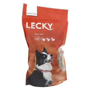 Rote Tüte LECKY Hundefutter mit einem schwarz-weißen Hund auf der Vorderseite, beschriftet mit "Classic LECKY" und traditionellen Fütterungssymbolen.