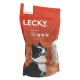 Sac rouge de nourriture pour chien LECKY avec un chien noir et blanc sur le devant, étiqueté "Classic LECKY" avec des icônes d'alimentation traditionnelles.