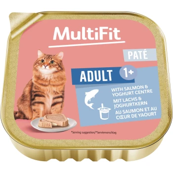 MultiFit Pastetendose mit orange gestreifter Katze und einem Teller Pastete; Aufschrift 'ADULT 1+' und 'mit Lachs- & Joghurtkern'.