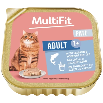 MultiFit Pastetendose mit orange gestreifter Katze und einem Teller Pastete; Aufschrift 'ADULT 1+' und 'mit Lachs- & Joghurtkern'.