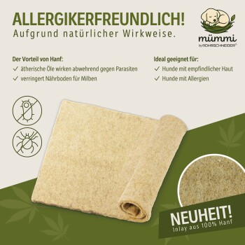 Allergikerfreundlicher Hanf-Haustiereinsatz von Mümmí, vertreibt Parasiten, reduziert Milbennährstoffe, ideal für Hunde mit empfindlicher Haut oder Allergien.