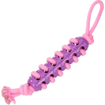 Roze touw door een paarse rubberen cilinder met botachtige nopjes, lus en geknoopte kwast; kauw-/trekspeelgoed voor honden.