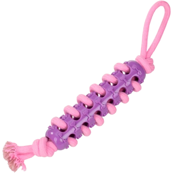 Rosafarbenes Seil durch einen violetten Gummizylinder geflochten, mit knochenförmigen Noppen, Schlaufengriff und geknoteter Quaste – Hundekau-/Zerrspielzeug