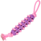 Rosafarbenes Seil durch einen violetten Gummizylinder geflochten, mit knochenförmigen Noppen, Schlaufengriff und geknoteter Quaste – Hundekau-/Zerrspielzeug