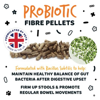 Probiotic Fibre Pellets, Haufen brauner Pellets, Abzeichen 'UK Formulated by Vets', B. subtilis für Darmgesundheit und festeren Stuhl.