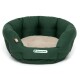 Grünes rundes Haustierbett mit einem beigen Kissen-Innenraum, mit dem Logo "Doctor Bark" auf der Vorderseite.