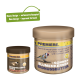 Erdnussbutter für Vögel in zwei Gläsern, einem kleinen und einem großen, mit einer Abbildung eines Goldfinches. Der Text hebt das neue Design und die verbesserte Formel hervor.