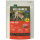 Real Nature WILDERNESS Pure Beef Adult Katzenfuttertüte mit geflecktem Katzenfoto, Rindfleischstückbild und Text '65% 35% 0%'