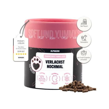 Weicher und leckerer Trainingssnack für Katzen, mit Huhn und Lachs, in einem pinken und schwarzen Behälter mit Pfotenabdruck-Design.
