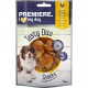 Verpakking van honden traktaties met een lachende Australische Herder, gelabeld "Premiere. I ❤️ my dog" met "Tasty Duo Snacks" en smaken: Kip & Banaan.