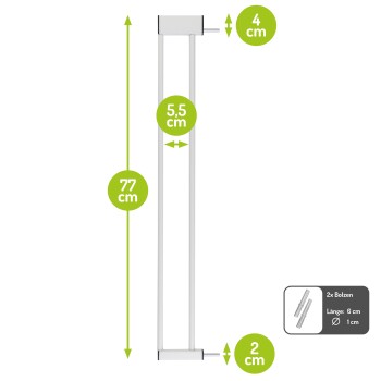 Weißes Haustiergitter mit beschrifteten Abmessungen: Höhe 77 cm, Breite 5,5 cm und Tiefe 4 cm, mit Installationsbolzen.