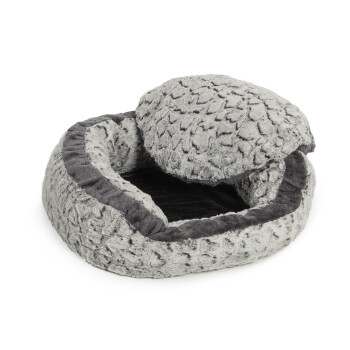 Gemütliches graues Haustierbett mit abnehmbarem Oberteil, mit einer plüschigen Textur und runder Form, ideal für kleine Hunde oder Katzen.