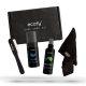 Ecofy Schuhpflege-Set mit einem Reinigungsfoam, das mit "CLEAN" beschriftet ist, einem wasserabweisenden Spray, das mit "PROTECT" beschriftet ist, einer Bürste und einem Tuch, alles in einer schwarzen Box.