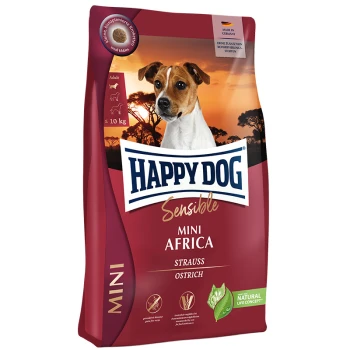 Sac de nourriture pour chiens Happy Dog Sensible Mini Africa avec une autruche sur le devant, adapté aux chiens de moins de 10 kg.