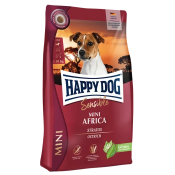 Happy Dog Sensible Mini Africa Hundefutterbeutel mit einem Strauß auf der Vorderseite, geeignet für Hunde unter 10 kg.