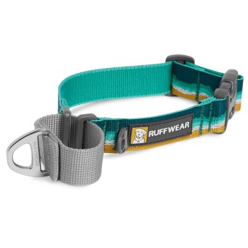 Ein farbenfrohes Hundehalsband von Ruffwear mit türkisfarbenen, grünen und goldenen Streifen, mit einer silbernen Metallschnalle und einem Logo-Patch.