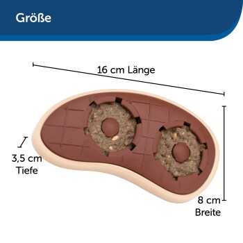 Haustierfutterschüssel mit zwei runden Fächern, 16 cm lang, 8 cm breit und 3,5 cm tief, mit braunem Silikon.