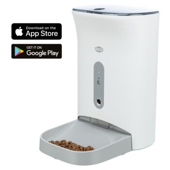 Automatischer Futterspender für Haustiere in Weiß mit einer grauen Futterschale, ausgestattet mit einer digitalen Schnittstelle und Download-Optionen für iOS und Android.