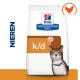 Hill's Prescription Diet k/d kattenvoerzak met een kat met een blauwe halsband, gelabeld "Nieren" en "ActivBiome+ Kidney Defense."