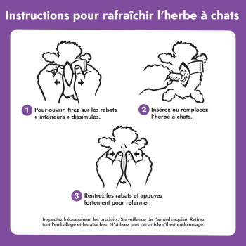 Feuille d'instructions en français avec 3 schémas montrant comment remplir de l'herbe à chat ; intitulée « Instructions pour rafraîchir l'herbe à chats ».