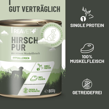 Dose mit Hundefutter mit dem Etikett "100% Fleisch ohne Innereien", mit Nährwertangaben und Fütterungsempfehlungen.