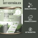 Dose mit Hundefutter mit dem Etikett "100% Fleisch ohne Innereien", mit Nährwertangaben und Fütterungsempfehlungen.