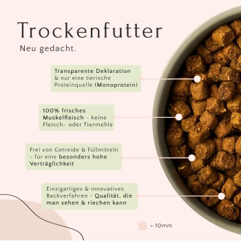 Schüssel mit trockenem Haustierfutter mit braunen Kroketten, mit Textmarkierungen auf transparenter Etikettierung, frisches Fleisch, getreidefrei und innovativer Backprozess.