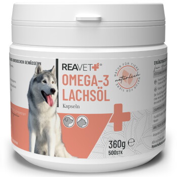 Behälter mit REAVET Omega-3 Lachsölkapseln für Haustiere, mit einem Bild eines Huskys, 360g, 500 Kapseln, mit natürlichen Inhaltsstoffen.