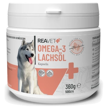 Behälter mit REAVET Omega-3 Lachsölkapseln für Haustiere, mit einem Bild eines Huskys, 360g, 500 Kapseln, mit natürlichen Inhaltsstoffen.
