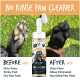 No Rinse Paw Cleaner Flasche mit Vorher- und Nachher-Bildern von schmutzigen und sauberen Pfoten eines Hundes auf Gras-Hintergrund.