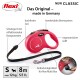 Eine rote flexi ausziehbare Hundeleine mit ergonomischem Griff, mit einem 8 m langen Kabel für Hunde bis zu 12 kg, gekennzeichnet mit den wichtigsten Merkmalen auf Deutsch.