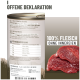 Deutsche Fütterungstabelle für Hunde mit täglichen Portionen: 5 kg 150–200 g; 10 kg 250–400 g; 20 kg 500–700 g; 30 kg 800–1.200 g; 60 kg 2.000 g