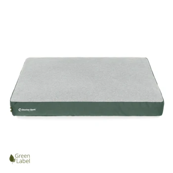 Grau Haustierbett mit grünem Rand, mit dem Logo "Doctor Bark" und einem "Green Label"-Symbol in der unteren linken Ecke.