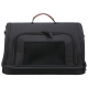 Schwarze Tragetasche für Haustiere mit einem Netzfrontpanel und einem braunen Griff, entworfen für den komfortablen Transport von Haustieren.