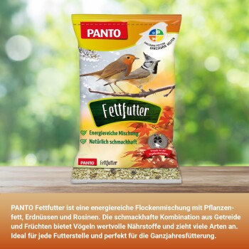 PANTO Fettfutter Vogelfutterbeutel mit Bildern von Vögeln, beschriftet mit "Energieiche Mischung" und "Natürlich schmackhaft" auf einer Holzoberfläche.