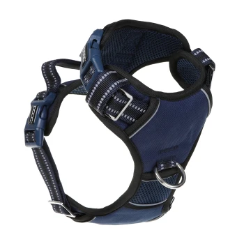 Navy-blaues Hundegeschirr mit verstellbaren Riemen, gepolstertem Mesh-Futter und einem Metall-D-Ring zur Leinenbefestigung.