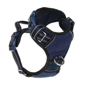 Navy-blaues Hundegeschirr mit verstellbaren Riemen, gepolstertem Mesh-Futter und einem Metall-D-Ring zur Leinenbefestigung.