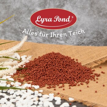 Rötlich-braune Fischfutterpellets auf Jute, umgeben von Kieselsteinen und Blättern, mit "Lyra Pond"-Logo und "Alles für Ihren Teich" darüber.