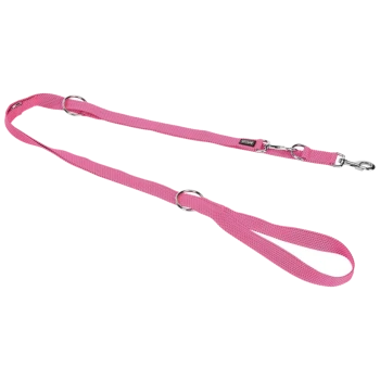 Rosa Haustierleine mit einem strukturierten Design, ausgestattet mit Metallclips und Ringen zur Befestigung.