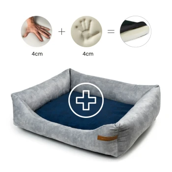 Ein graues Plüsch-Hundebett mit einem marineblauen Innenraum, das eine Komfortschicht-Gleichung zeigt: einen Handabdruck und eine Hand auf Schaum, beide beschriftet mit "4cm."