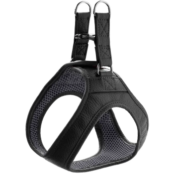Geschirr Hilo schwarz XXS-XS Schwarzes Haustiergeschirr mit gepolstertem Innenraum und verstellbaren Riemen, mit Metallringen zur Leinenbefestigung.