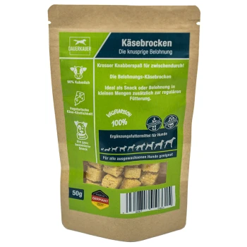 Käsebrocken-Hundeleckerlis in einer 50g braunen Papiertüte, mit grünem Text, der vegetarische, glutenfreie und 100% Käse-Zutaten hervorhebt.