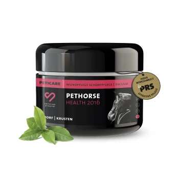 Schwarzes Glas von Peticare Pethorse Health 2016 Wundpflegebalsam mit einem Pferdebild, grünen Blättern und einem Siegel, das hohe Wirksamkeit anzeigt.