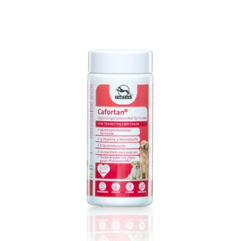 Cafortan Multivitamintabletten 90 g Cafortan® Hundefutterergänzungsmittel-Flasche mit einem weißen Behälter und rotem Etikett, das Vitamine, Mineralien und essentielle Aminosäuren auflistet.