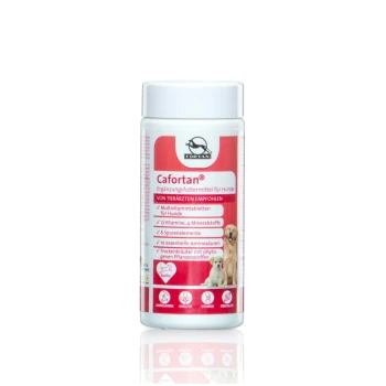 Cafortan® Hundefutterergänzungsmittel-Flasche mit einem weißen Behälter und rotem Etikett, das Vitamine, Mineralien und essentielle Aminosäuren auflistet.