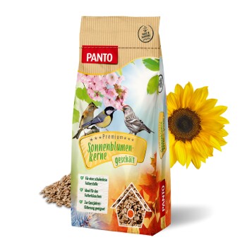 PANTO Premium Sonnenblumenkerne geschält Vogelfutterpaket mit drei Vögeln auf der Vorderseite, mit Text, der die Eignung für ganzjährige Fütterung hervorhebt.
