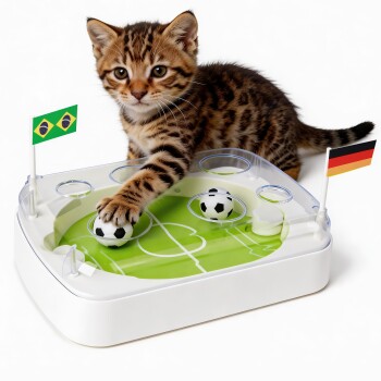 Getigertes Kätzchen spielt mit einem Tischfußball-Spielzeug mit zwei Mini-Fußbällen auf einem grünen Feld; Brasilien- und Deutschlandflaggen.