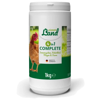 Behälter von HühnerLand 4 in 1 Komplett-Hühnervitamin, 1kg, mit einem Bild einer Henne und Text auf Deutsch über Unterstützung des Immunsystems und der Verdauung.