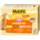 Eine Box mit MultiFit Junior Hühner-Mix Katzenfutter mit einem verspielten orangefarbenen Kätzchen, mit Geschmacksrichtungen von Huhn, Ente, Geflügel und Truthahn.